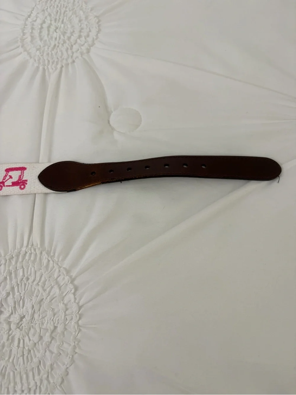 Pink Golf Cart Preppy White Canvas Brown Leather Trim Belt Size Medium